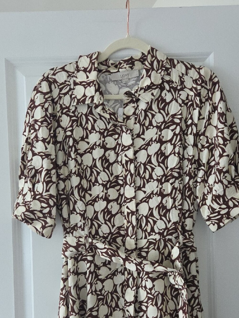 LOFT Cream and Brown Floral Midi Shirt Dress with Tie Waist - Picture 2 of 9